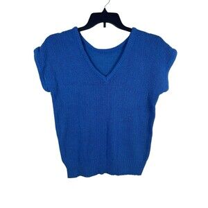 VTG Parrinello Blue Knit Fuzzy Short Sleeve Sweater L Silk Linen Angora Blend